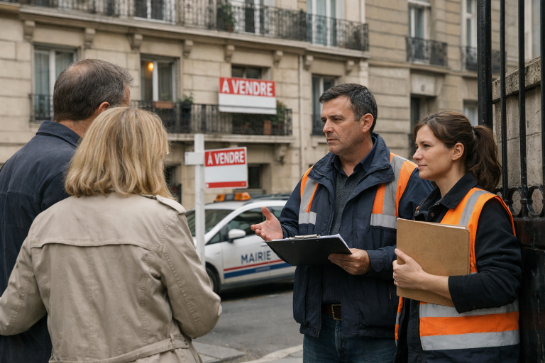 Deux personnes en gilets réfléchissants parlant à une habitante