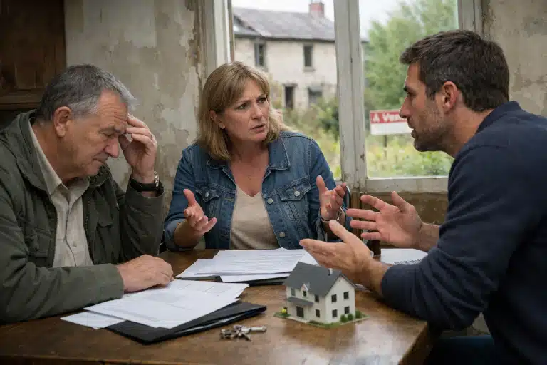 Trois personnes discutent autour d'une maquette de maison