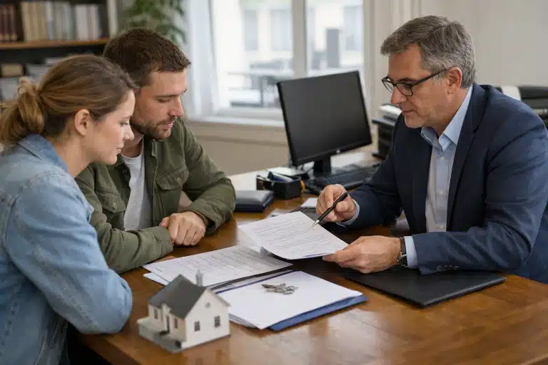 Couple et conseiller immobilier examinant des documents près d'une maquette
