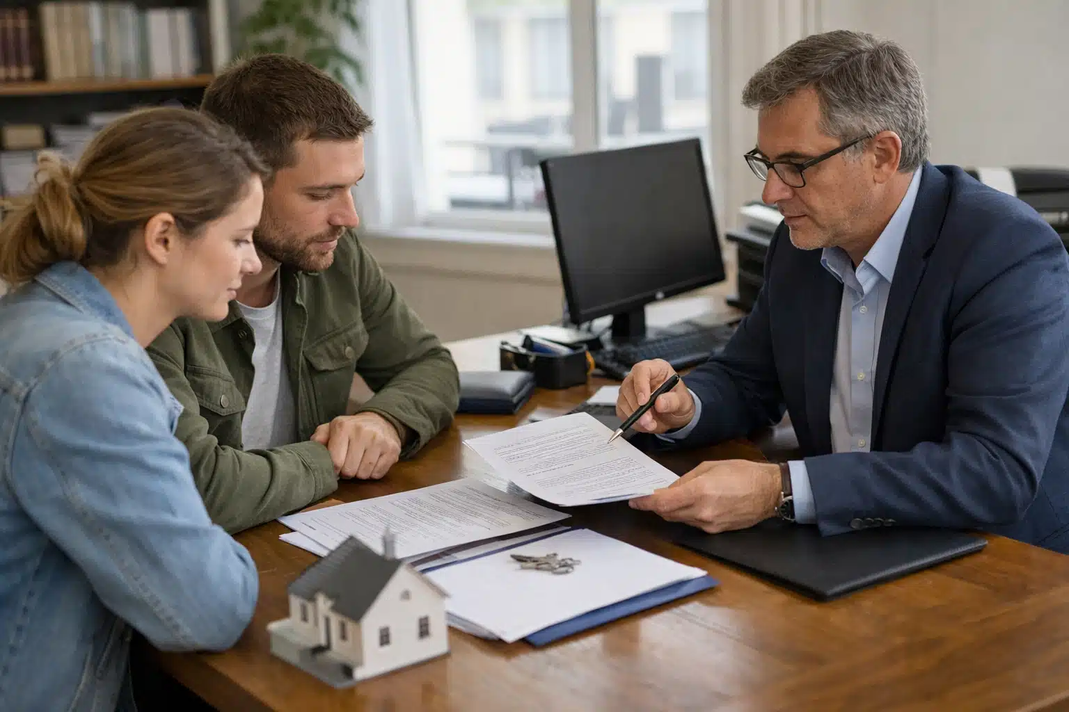 Couple et conseiller immobilier examinant des documents près d'une maquette