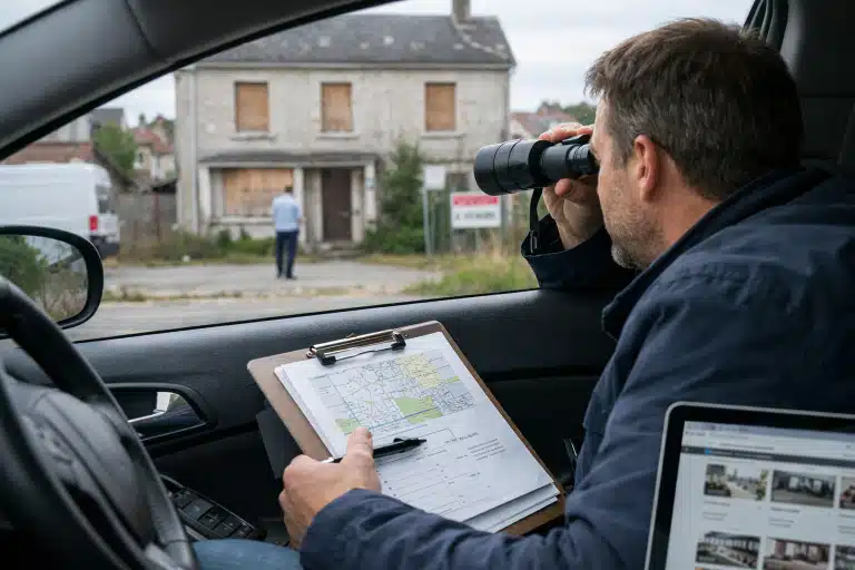 Homme dans une voiture observe un passant devant une maison