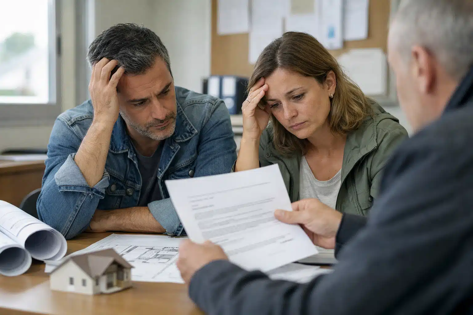 Couple inquiet examinant des documents avec une autre personne