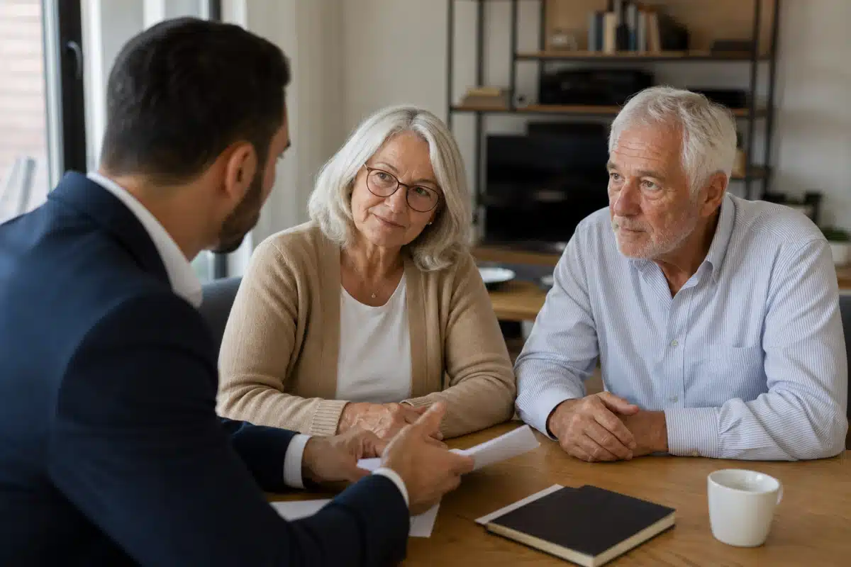 Couple de seniors écoutant un conseiller autour d'une tablette