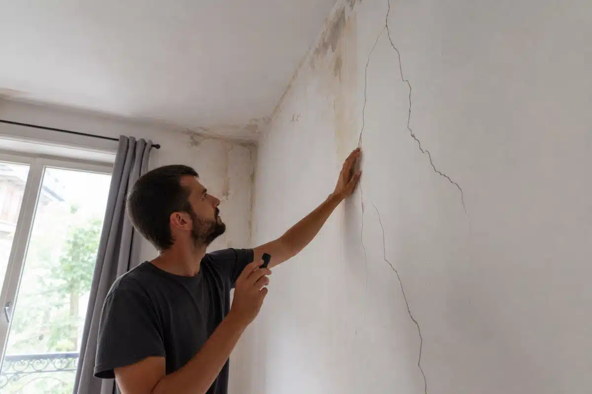 Homme examinant fissures murales près du plafond